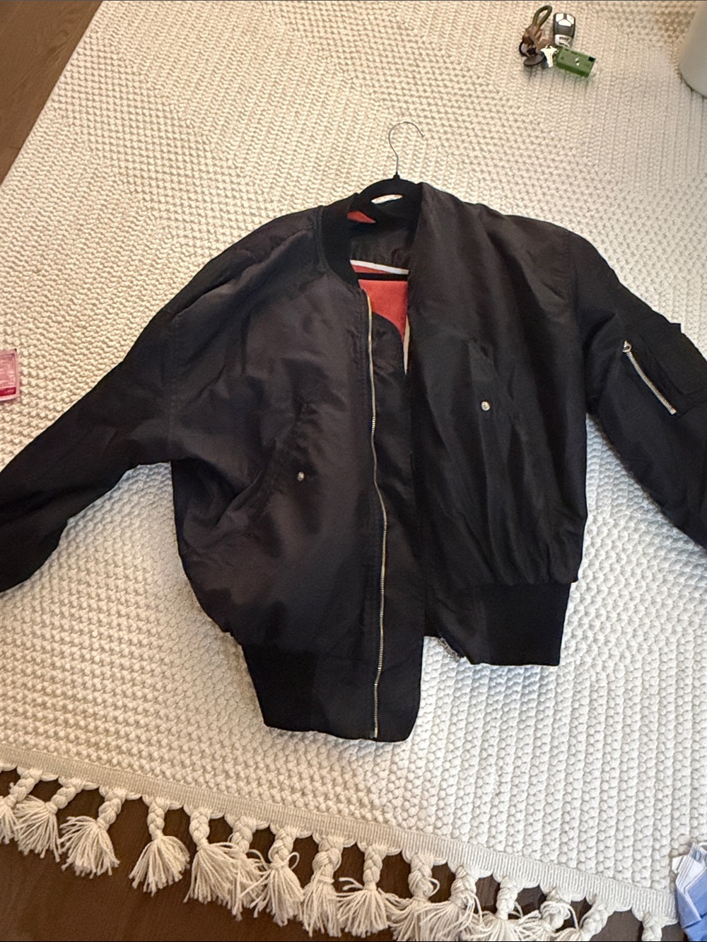Men's Black Bomber Jacket with Orange Lining